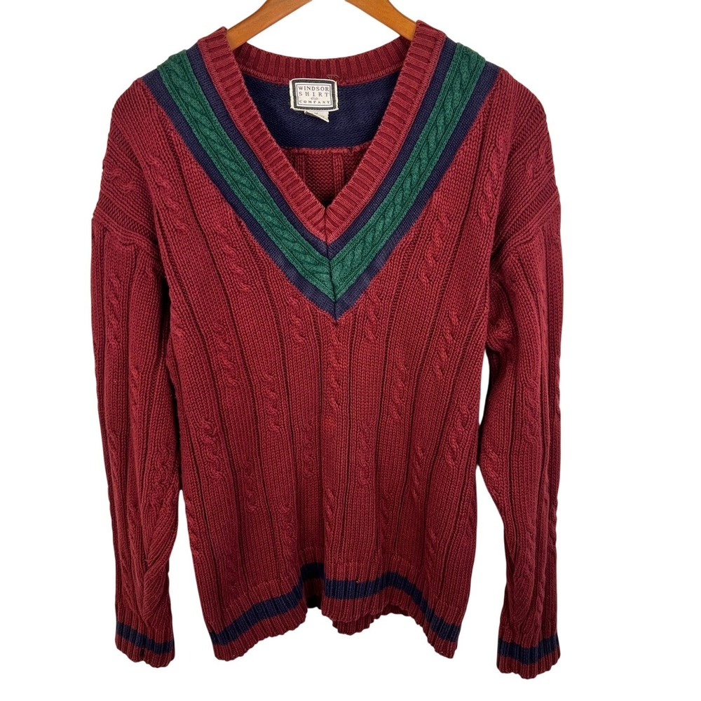 Windsor Shirt Company Mens Medium Burgundy Cable Knit Cricket Sweater Cotton